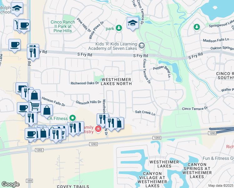 map of restaurants, bars, coffee shops, grocery stores, and more near 6311 Richland Hills Drive in Katy
