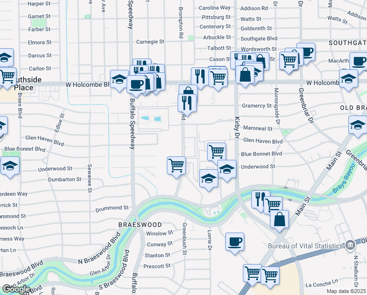 map of restaurants, bars, coffee shops, grocery stores, and more near 7315 Brompton Street in Houston