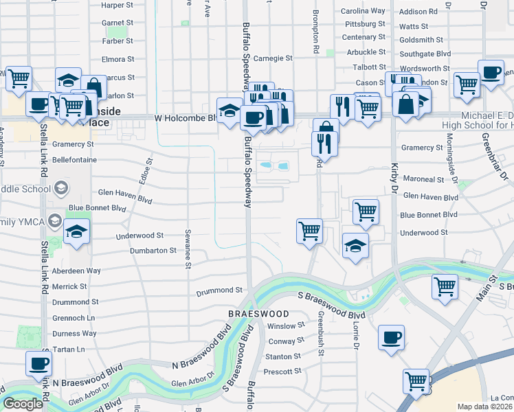 map of restaurants, bars, coffee shops, grocery stores, and more near 3122 Maroneal Street in Houston