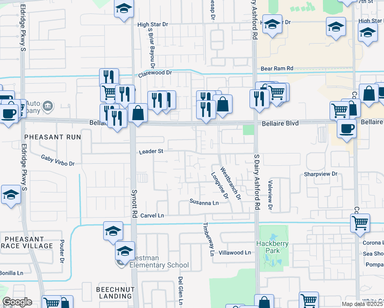 map of restaurants, bars, coffee shops, grocery stores, and more near 13000 Leader Street in Houston