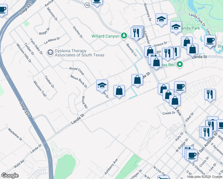 map of restaurants, bars, coffee shops, grocery stores, and more near 940 Wildwood Trail in New Braunfels