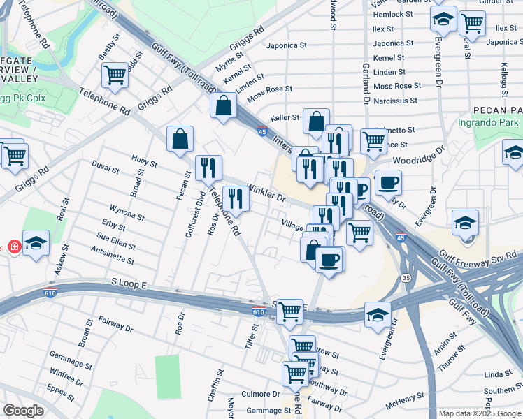 map of restaurants, bars, coffee shops, grocery stores, and more near 2922 Plum Creek Lane in Houston