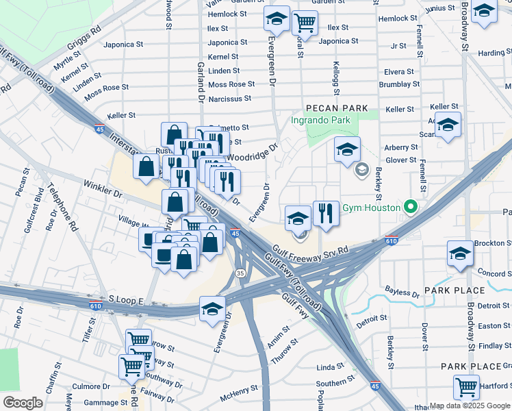 map of restaurants, bars, coffee shops, grocery stores, and more near 6900 Evergreen in Houston