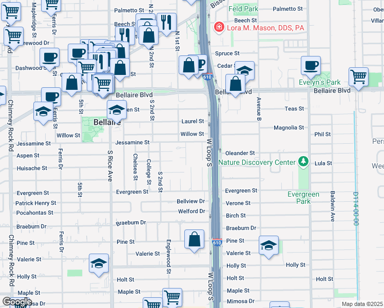map of restaurants, bars, coffee shops, grocery stores, and more near 407 Bolivar Street in Bellaire