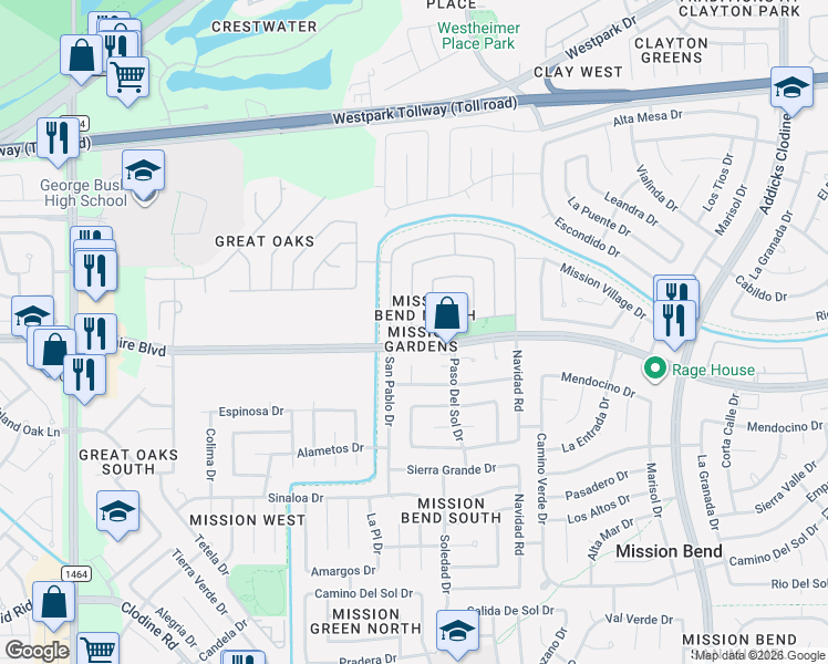 map of restaurants, bars, coffee shops, grocery stores, and more near 6918 Soledad Drive in Houston