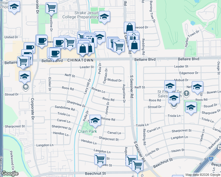 map of restaurants, bars, coffee shops, grocery stores, and more near 8903 Neff Street in Houston