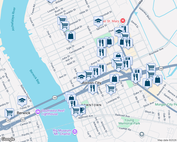 map of restaurants, bars, coffee shops, grocery stores, and more near 1001-1017 4th Street in Morgan City