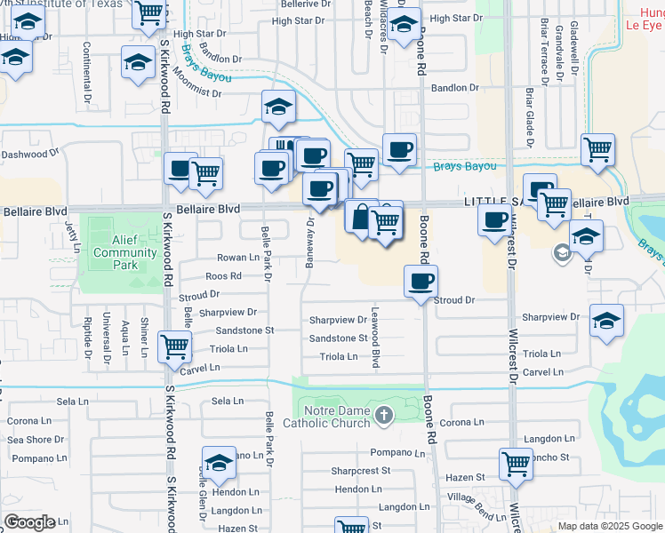 map of restaurants, bars, coffee shops, grocery stores, and more near 7035 Baneway Drive in Houston