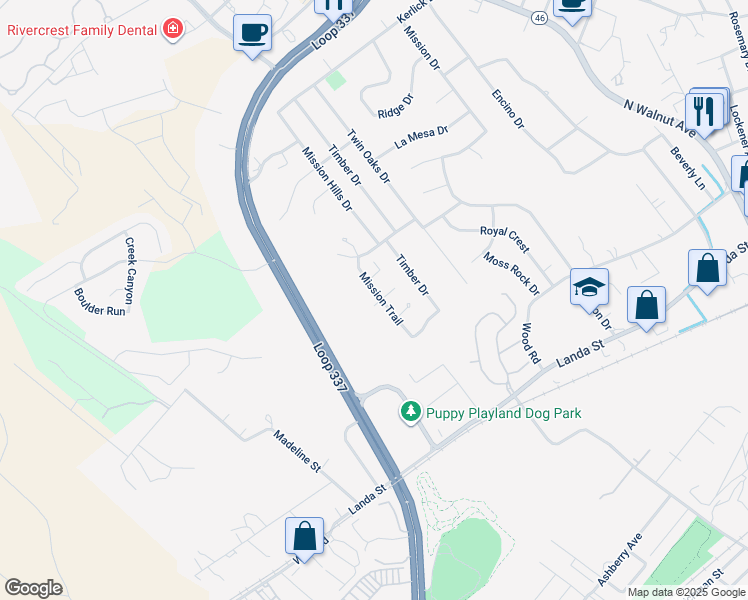 map of restaurants, bars, coffee shops, grocery stores, and more near 763 Mission Trail in New Braunfels