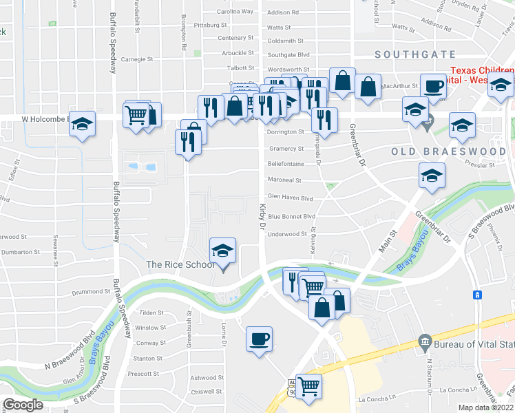 map of restaurants, bars, coffee shops, grocery stores, and more near 2535 Glen Haven Boulevard in Houston