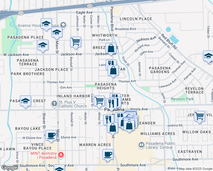 map of restaurants, bars, coffee shops, grocery stores, and more near 912 Thomas Avenue in Pasadena