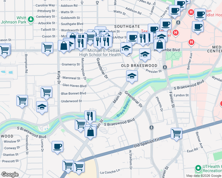 map of restaurants, bars, coffee shops, grocery stores, and more near 2309 Blue Bonnet Boulevard in Houston