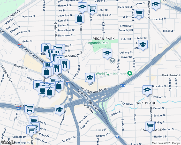 map of restaurants, bars, coffee shops, grocery stores, and more near 7551 Plum Creek Drive in Houston