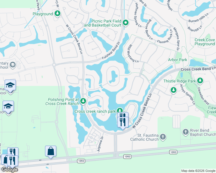map of restaurants, bars, coffee shops, grocery stores, and more near 198 Enchanted Lakes Lane in Fulshear