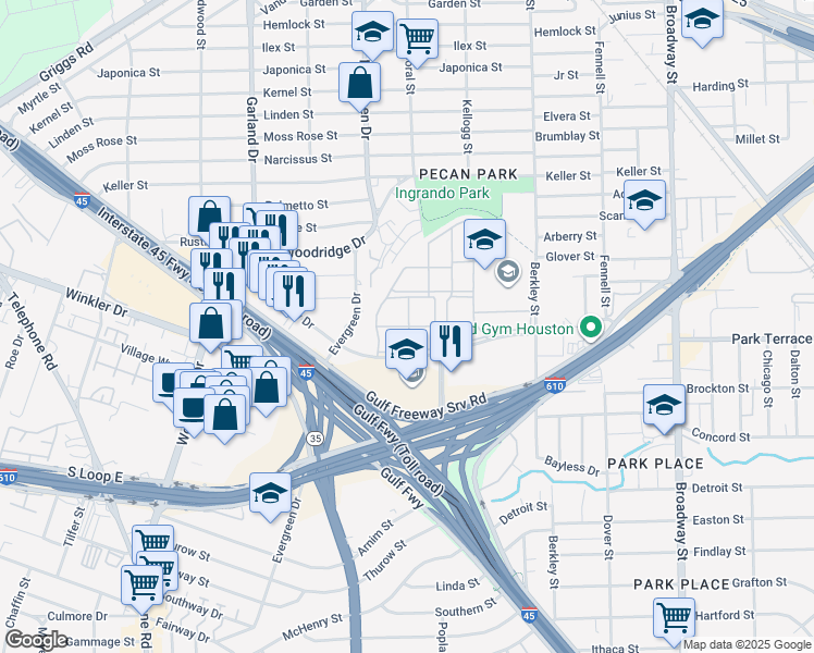 map of restaurants, bars, coffee shops, grocery stores, and more near 7575 Plum Creek Drive in Houston