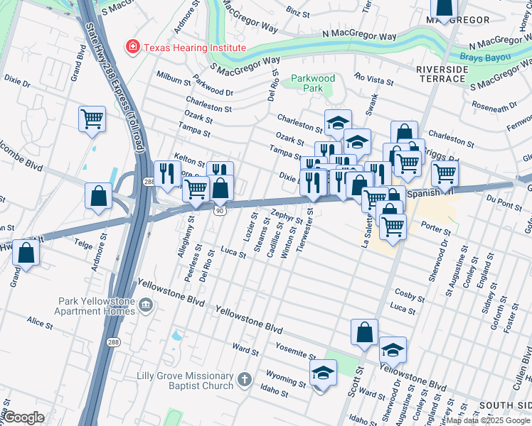 map of restaurants, bars, coffee shops, grocery stores, and more near 3532 Old Spanish Trail in Houston