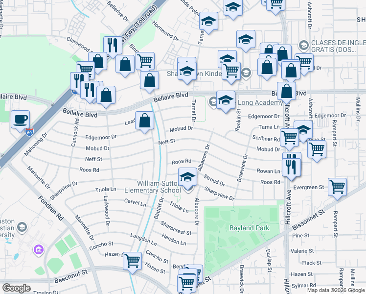 map of restaurants, bars, coffee shops, grocery stores, and more near 6813 Neff Street in Houston