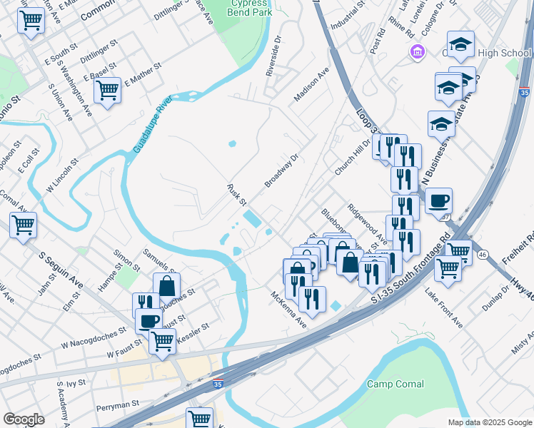 map of restaurants, bars, coffee shops, grocery stores, and more near 710 Broadway in New Braunfels