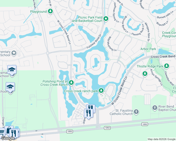 map of restaurants, bars, coffee shops, grocery stores, and more near 198 Enchanted Lakes Lane in Fulshear