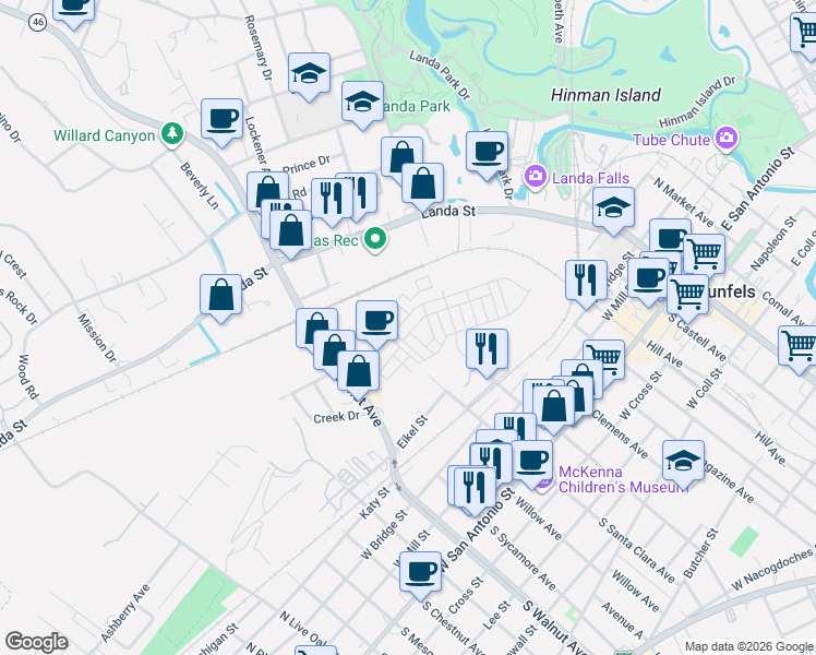 map of restaurants, bars, coffee shops, grocery stores, and more near 643 Prospect Way in New Braunfels