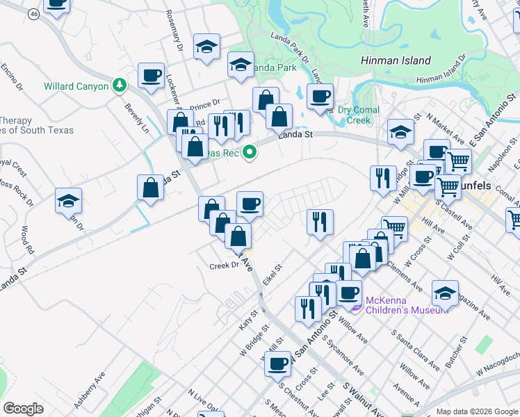 map of restaurants, bars, coffee shops, grocery stores, and more near 643 Prospect Way in New Braunfels