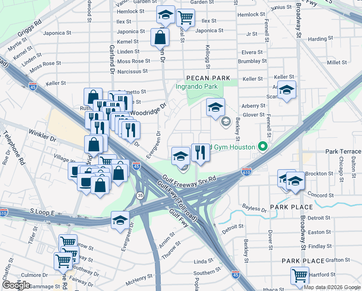 map of restaurants, bars, coffee shops, grocery stores, and more near 7575 Plum Creek Drive in Houston