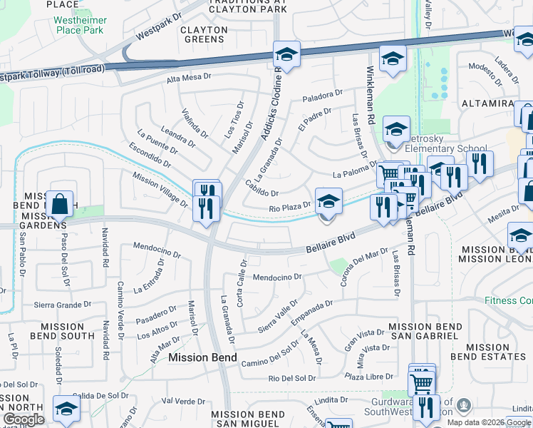 map of restaurants, bars, coffee shops, grocery stores, and more near 15511 Rio Plaza Drive in Houston