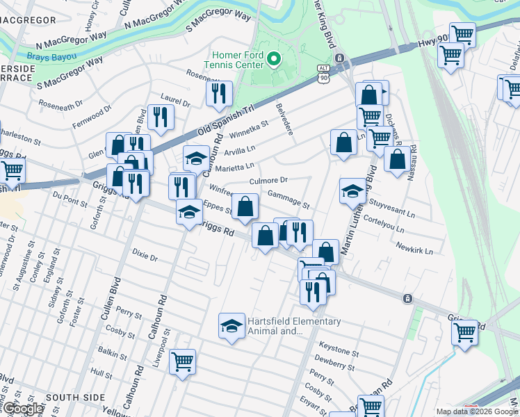 map of restaurants, bars, coffee shops, grocery stores, and more near 4902 Winfree Drive in Houston
