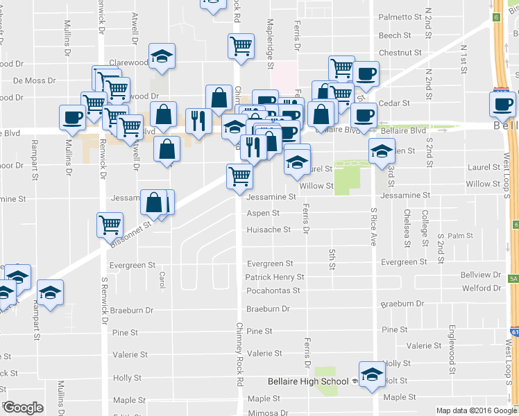 map of restaurants, bars, coffee shops, grocery stores, and more near 5406 Aspen Street in Houston
