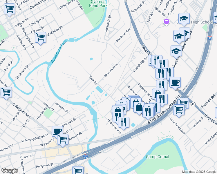 map of restaurants, bars, coffee shops, grocery stores, and more near 758 Milestone Park in New Braunfels