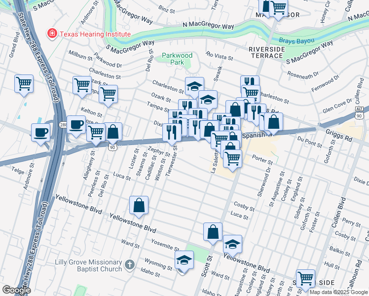 map of restaurants, bars, coffee shops, grocery stores, and more near 3616 Old Spanish Trail in Houston
