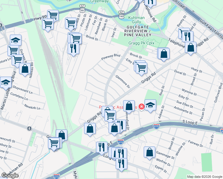 map of restaurants, bars, coffee shops, grocery stores, and more near 3720 Minglewood Boulevard in Houston