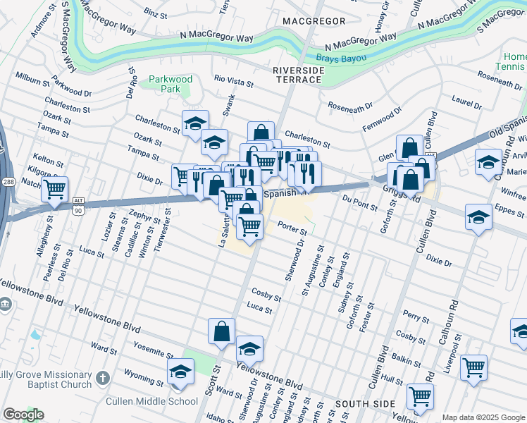 map of restaurants, bars, coffee shops, grocery stores, and more near 6045 Scott Street in Houston