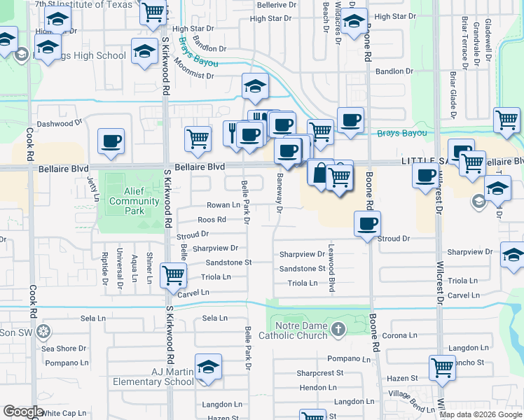 map of restaurants, bars, coffee shops, grocery stores, and more near 11511 Rowan Lane in Houston