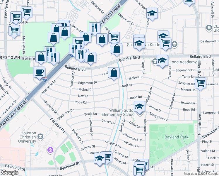 map of restaurants, bars, coffee shops, grocery stores, and more near 7008 Mobud Drive in Houston