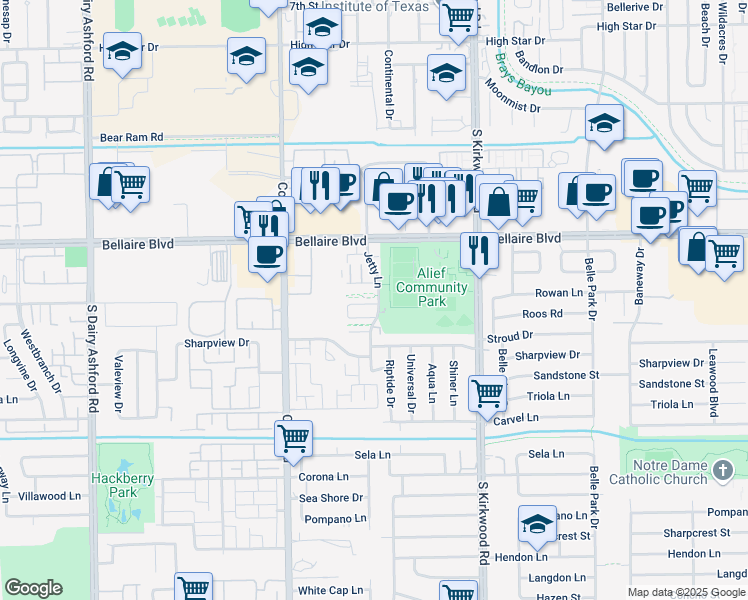 map of restaurants, bars, coffee shops, grocery stores, and more near 7060 Jetty Lane in Houston