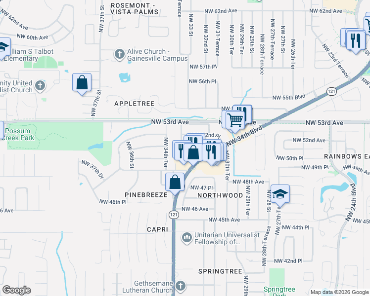 map of restaurants, bars, coffee shops, grocery stores, and more near 3301 Northwest 51st Place in Gainesville