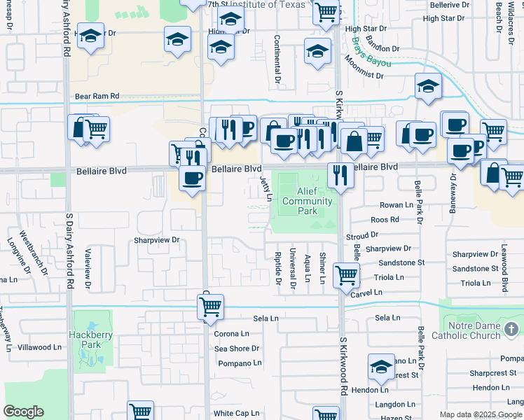 map of restaurants, bars, coffee shops, grocery stores, and more near 7060 Jetty Lane in Houston
