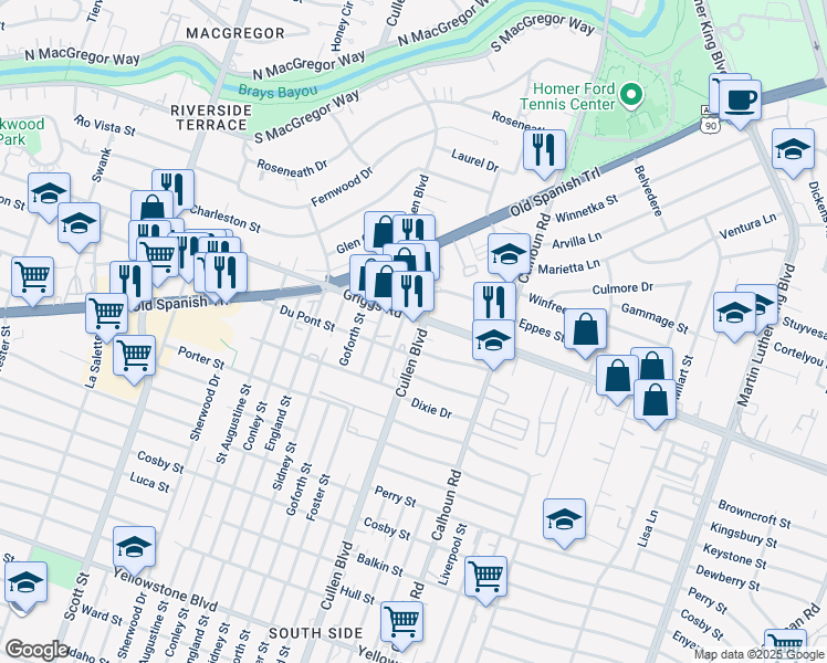 map of restaurants, bars, coffee shops, grocery stores, and more near 4438 Griggs Road in Houston