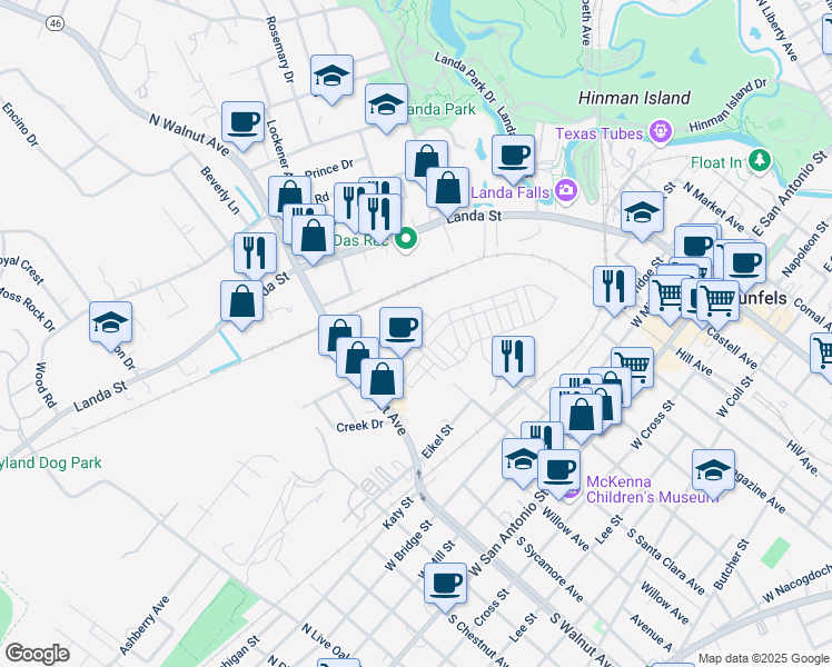 map of restaurants, bars, coffee shops, grocery stores, and more near 643 Prospect Way in New Braunfels