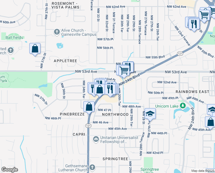 map of restaurants, bars, coffee shops, grocery stores, and more near 3145 Northwest 51st Place in Gainesville