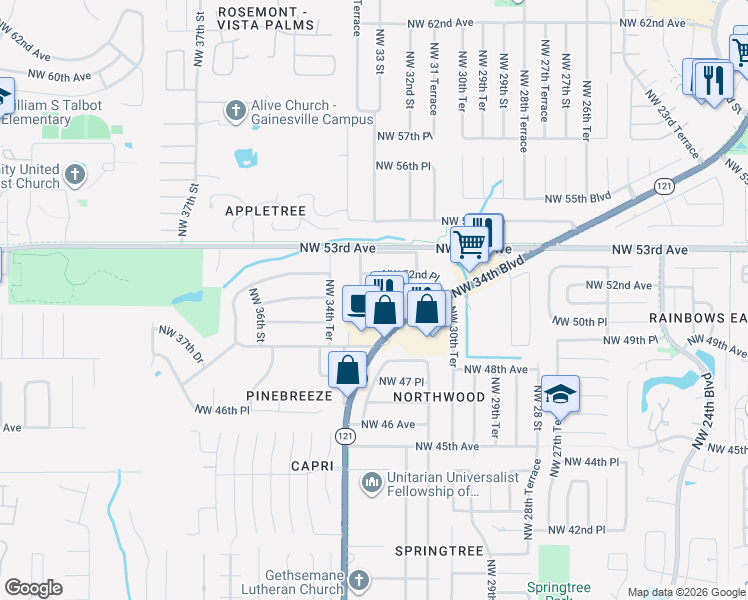 map of restaurants, bars, coffee shops, grocery stores, and more near 3301 Northwest 51st Place in Gainesville