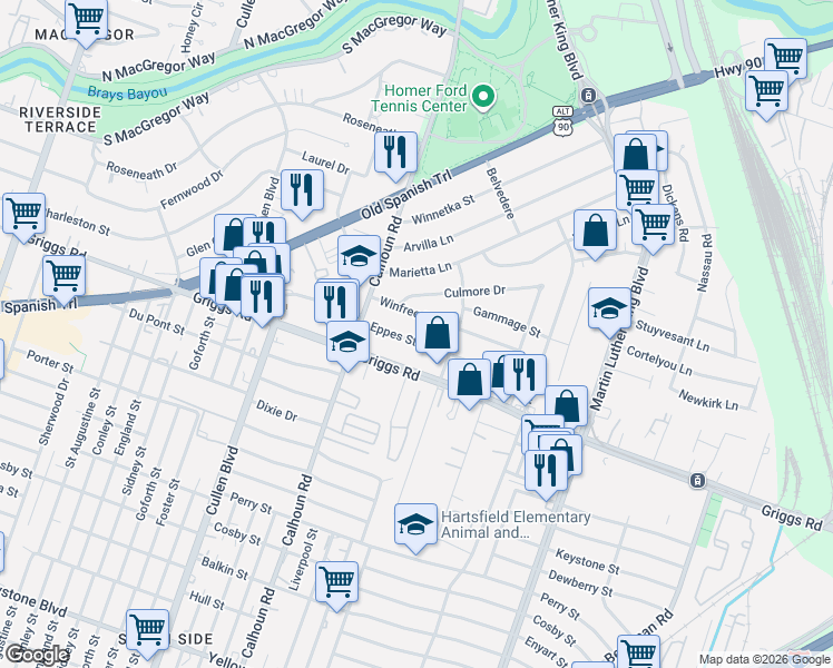 map of restaurants, bars, coffee shops, grocery stores, and more near 4807 Eppes Street in Houston