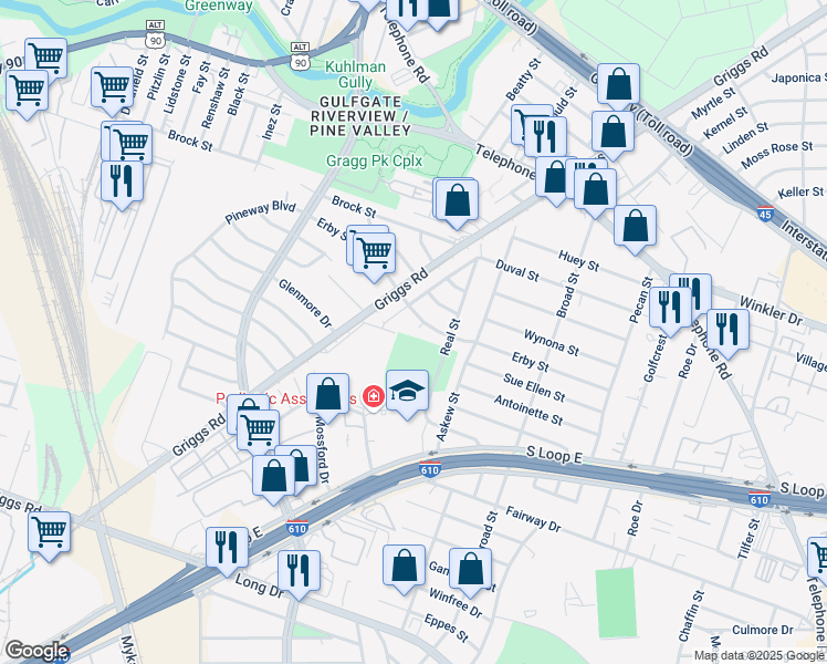 map of restaurants, bars, coffee shops, grocery stores, and more near 172 Erby Street in Houston
