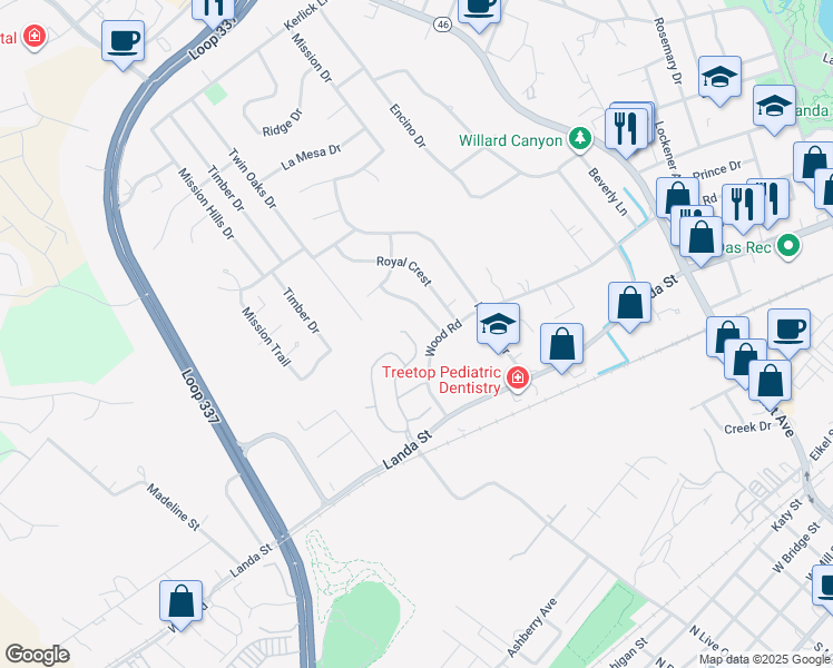 map of restaurants, bars, coffee shops, grocery stores, and more near 734 Hidden View Street in New Braunfels