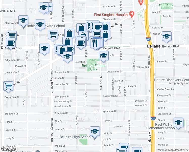 map of restaurants, bars, coffee shops, grocery stores, and more near 5108 Aspen Street in Bellaire