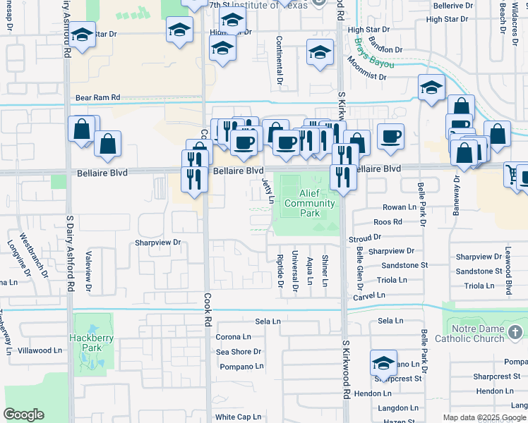 map of restaurants, bars, coffee shops, grocery stores, and more near 7060 Jetty Lane in Houston