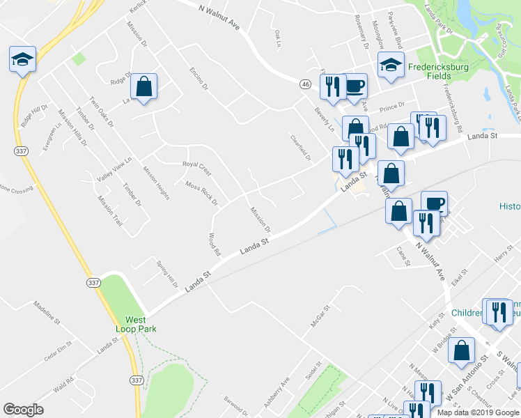 map of restaurants, bars, coffee shops, grocery stores, and more near 1013 Mission Drive in New Braunfels