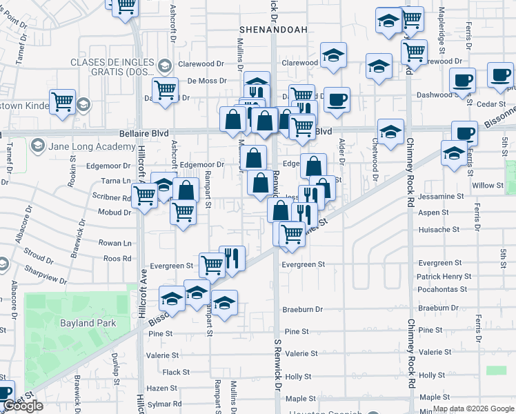 map of restaurants, bars, coffee shops, grocery stores, and more near 5943 Jessamine St in Houston