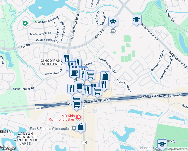 map of restaurants, bars, coffee shops, grocery stores, and more near 24807 Crystal Leaf Lane in Katy
